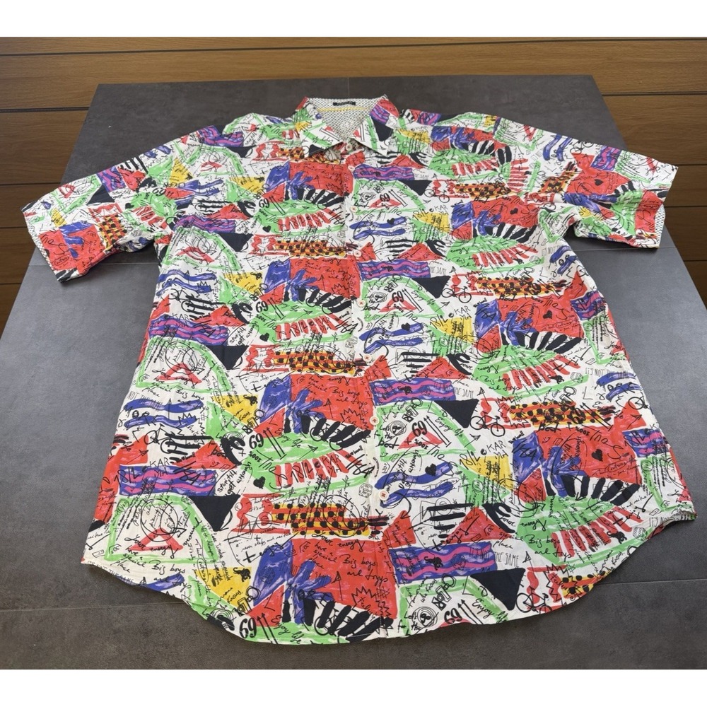 VTG 90's Y2K Bugatchi Uomo 100% Cotton Button Up Graffiti Abstrat Shirt Size XL
